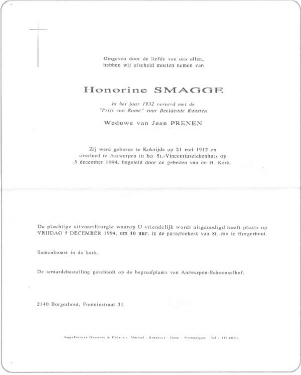 Overlijdensbrief Honorine Smagge